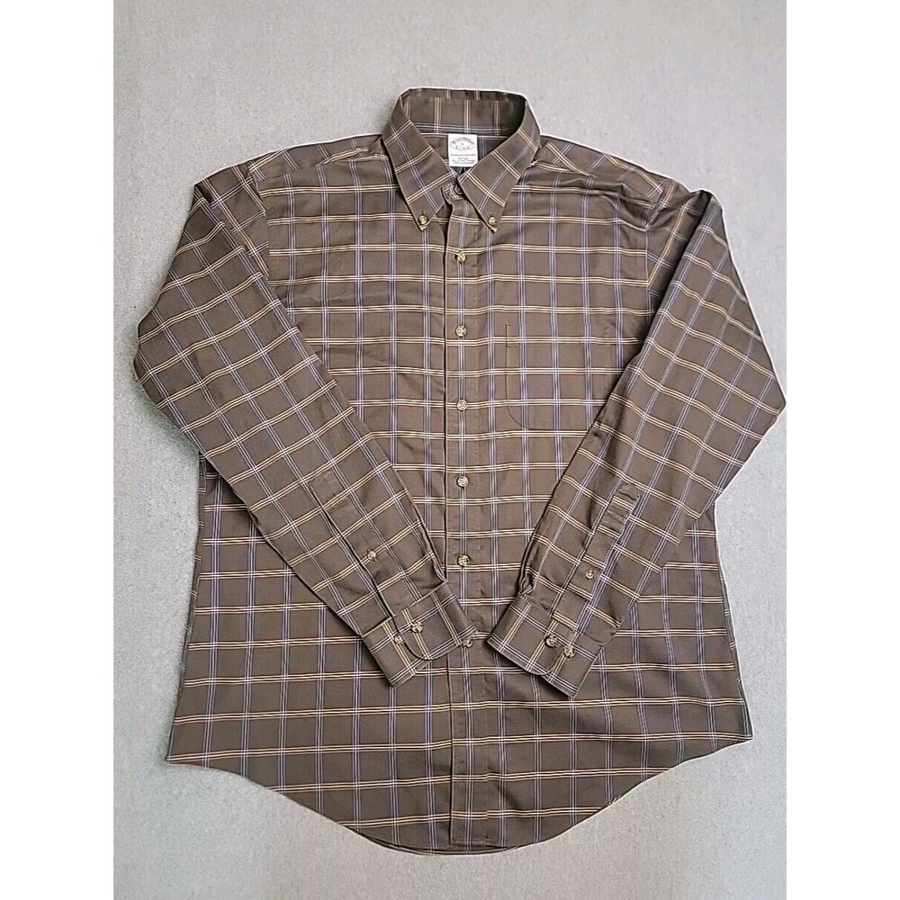 Brooks‎ Brothers Button Down Mens Large Brown Plaid Slim Non Iron Supima Cotton